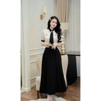 Đầm công sở thiết kế chân váy tuyết mưa phối áo đũi lụa in hoa chìm (kèm 3 đá cài)