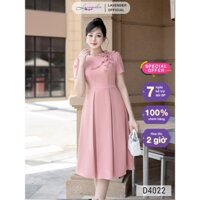Đầm công sở thiết kế LAVENDER FASHION màu hồng phấn cổ tròn đinh hoa kiểu dáng xòe xếp ly D4022