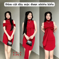 Đầm cột dây cổ lọ vạt bầu có size màu đen đỏ LOVEKIUTEE