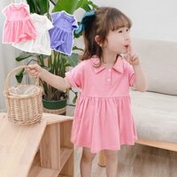 Đầm Cotton Cổ Polo Tay Ngắn Màu Sắc Trơn Thời Trang Mùa Hè Xinh Xắn Cho Bé Gái