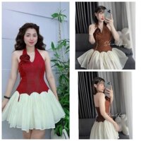 Đầm cotton lạnh sảng chảnh cổ chữ V (có mút ngực) đính bông vải hở lưng phối phần váy xòe vải tơ nến có lót quần
