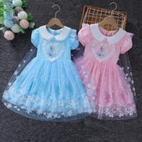 Đầm Cotton Tay Phồng Màu Xanh Dương Hồng In Hình Elsa Anna Frozen2 TSBBQ68
