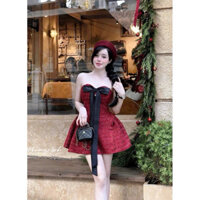 Đầm cúp dạ nơ có mút ngực kèm quần 2 màu đỏ đô, đen