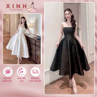 Đầm cúp ngực dáng xòe Cosi chất taffta đính hoa nổi sang chảnh màu trắng, đen có mút ngực