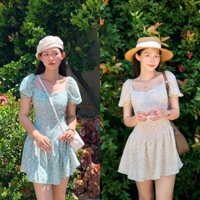 Đầm cúp ngực hoa nhí cổ vuông dáng xoè tiểu thư, váy chữ A vai bèo đi biển đẹp