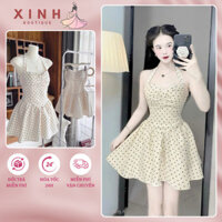 Đầm cúp ngực ngắn chấm bi Teddy trẻ trung dáng cổ yếm chân váy xòe có quần bảo hộ rời