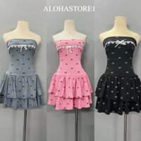 ĐẦM CÚP NGỰC NƠ NGANG 2 TẦNG DÁNG NGẮN KÈM QUẦN mk, ĐẦM XÒE CÚP NGỰC ĐÍNH NƠ XINH alohastore1