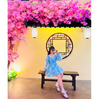 Đầm cúp ngực xanh hoạ tiết