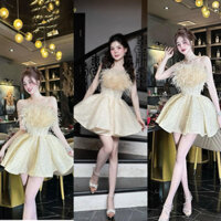 đầm cúp xòe bí công chúa đính lông kim sa y hình dự tiệc