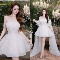 đầm cúp xòe công chúa đính hoa chuỗi phối choàng nhúng tà dài