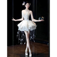 đầm cúp xoè phồng công chúa đính lông tua rua treo cô dâu dự tiệc