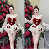 đầm cúp xoè tần bẹt vai tay dài đính nơ công chúa