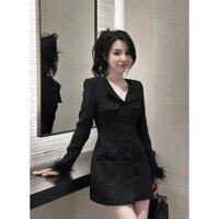 Đầm dạ cổ vest tay lông vũ Lendo SB241453