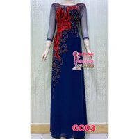 Đầm dạ hội có tà áo dài cao cấp xanh dương ren hoa lắc tay CC03 Quý phu nhân fashion