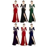 Đầm dạ hội nhung đuôi cá xẻ tà cổ nữ hoàng tay phồng nhún bo đính đá, Đầm dạ hội trung niên nhung dự tiệc đuôi cá