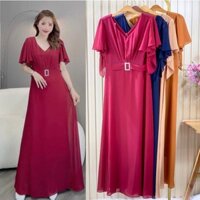 Đầm Dạ Hội Voan Xòe Trung Niên Cổ Tim Tay Voan Phối Khoen Cao Cấp 60Kg - Hồng Nhi Store