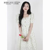 Đầm dài hoa nhí cổ vuông tay phồng dễ thương Moolys MD005 - TRẮNG  - size S