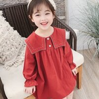 Đầm dài tay cổ thuỷ thủ có cúc dáng rộng mùa thu cho bé gái