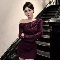Đầm dài tay lệch vai ren dành cho nữ Váy ôm hông màu tím Cinched Bodycon