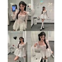 Đầm dài tay ren chắp vá phong cách xã hội thanh lịch với tay áo xòe, đầm phồng ngắn Pháp cao cấp