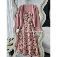 Đầm dài thiết kế nữ mặc dạo phố chất voan hoa mềm mịn hai dây kèm mút , khoác thun gân dài tay tôn da tôn dáng