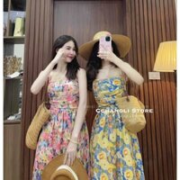 Đầm dài thiết kế thời trang nữ mặc đi biển chất voan qc hai dây họa tiết in hoa nhúng ngực mát mẻ dễ thương