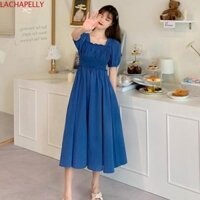 Đầm dài xếp nếp LACHAPELLY, Đầm ngắn tay phồng bong bóng chữ A, Thời trang Slim Fit Đi biển Dạo phố Đầm eo cao mùa xuân hè