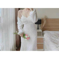 Đầm dài xốp dây nhún ngực kèm khoác cadigan tay dài (có mút ngực)