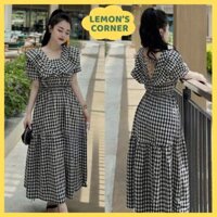 Đầm dáng dài xòe hoạ tiết sọc caro, Váy dài cổ bèo dành cho bầu bì - Lemon's Corner