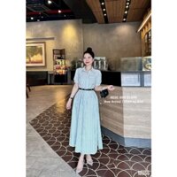 Đầm dáng dài xoè kèm đai chất vải kate lụa kẻ sọc một màu cổ áo sơ tay ngắn búp bê kính đáo lịch sự