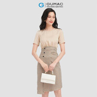 Đầm dáng ôm GUMAC DC09039 caro phối lụa - Be - M