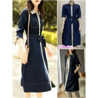 Đầm dáng suông denim cổ sơ mi phối viền trắng xám, váy xuông cài nút trước đường chỉ nổi - DTH