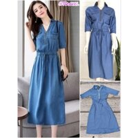 Đầm dáng xòe jean denim cổ sơ mi khóa kéo, váy rút dây eo thắt nơ tay ngắn - DTH