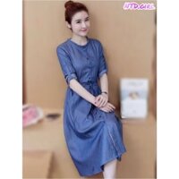 Đầm dáng xòe jean denim cổ tròn bèo tay dài, váy xòe rút eo thắt nơ cài nút - DTH