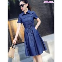 Đầm dáng xòe jean denim rút eo 2 túi ngực, váy sơ mi cài nút dạo phố hay đi làm đều đẹp - DTH