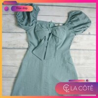 Đầm dáng xoè phối nơ ngực chất vải cotton đũi siêu xinh hàng QC cao cấp