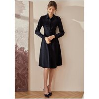 Đầm dáng xòe rộng cổ sơ mi tay dài họa tiếc kẻ sọc dọc