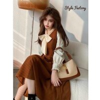Đầm dáng xòe tay dài cổ sơ mi phối nơ - 90264