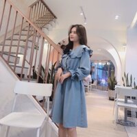Đầm dáng xoè xanh cổ bèo