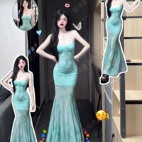 Đầm Dạo Biển Phong Cách Pháp Màu Xanh Lá Nhạt Hoa Văn Voan Dây Đeo Mảnh Mai & Váy Dài Ôm Sát Eo Tà Cá Đuối - Phong Cách Sexy Quyến Rũ, Hoàn Hảo Cho Kỳ Nghỉ Biển