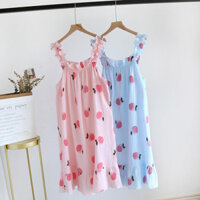 Đầm dây crepe đào 2 màu, bộ đồ ngủ cotton mùa hè cho phụ nữ, bộ đồ ngủ thấm mồ hôi, đồ mặc trong nhà cho phụ nữ