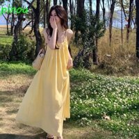 Đầm dây đeo màu vàng LONGQIYING, Váy dài không tay chữ A dáng rộng, Đồ đi biển phong cách Pháp ngọt ngào Váy đi biển cổ tròn đi biển đi biển cho bé gái
