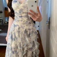 Đầm dây hoa hồng Iris xanh vàng tinh khiết cho phụ nữ mùa hè, đầm dài Platycodon, đầm cổ tích ôm eo, đầm chiffon