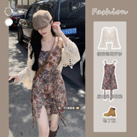 Đầm dây in họa tiết thiết kế ruy băng phong cách hot girl vintage, bộ mùa hè cho phụ nữ, áo cardigan đan móc khoét lỗ