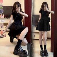 Đầm Đen Baby Doll Form Rộng Dáng Xòe, Váy Tiểu Thư Tay Ngắn Phong Cách Vintage