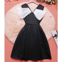 Đầm đen đầm dự tiệc sang trọng thiết kế thanh lịch tiểu thư xinh cổ v dáng xòe tùng xếp ly phối nơ trắng - Lux W