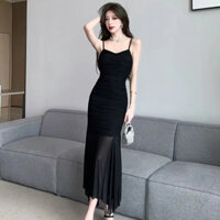 đầm đen dây thiết kế thanh lịch ngắn đầm dài tiểu thư dáng dài dạ hội trễ vai lụa váy liền thân
