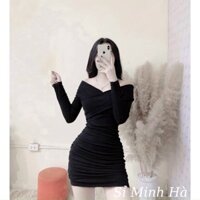 Đầm đen dự tiệc, đầm ôm body trễ vai nhún sườn sexy tay dài freesize dưới 55kg sang chảnh siêu xinh thời trang nữ Minh H