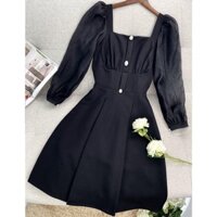 Đầm đen dự tiệc sang trọng đẹp cổ vuông tay dài thanh lịch thiết kế cao cấp eo tôn dáng Lux W Đen tay dài