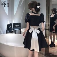 Đầm đen kiểu Chanel kiểu Pháp với nơ, tay phồng nhỏ, đầm ngắn ôm sát mùa hè cho phụ nữ